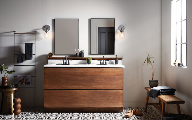 wooden bathroom vanity with lighting