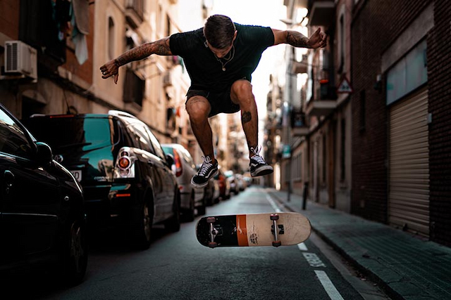 skater in black loose fit skate t-shirt