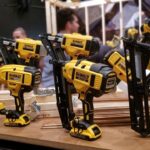 Close-up of a dewalt collections of nailguns