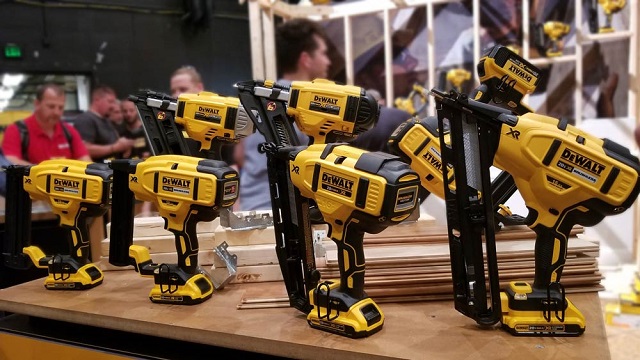 Close-up of a dewalt collections of nailguns