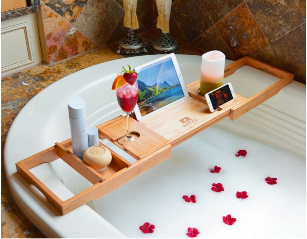 Bathtub Caddy Tray in bathroom ready for someone