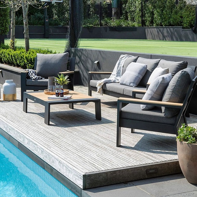 outdoor furniture next to the pool in the patio